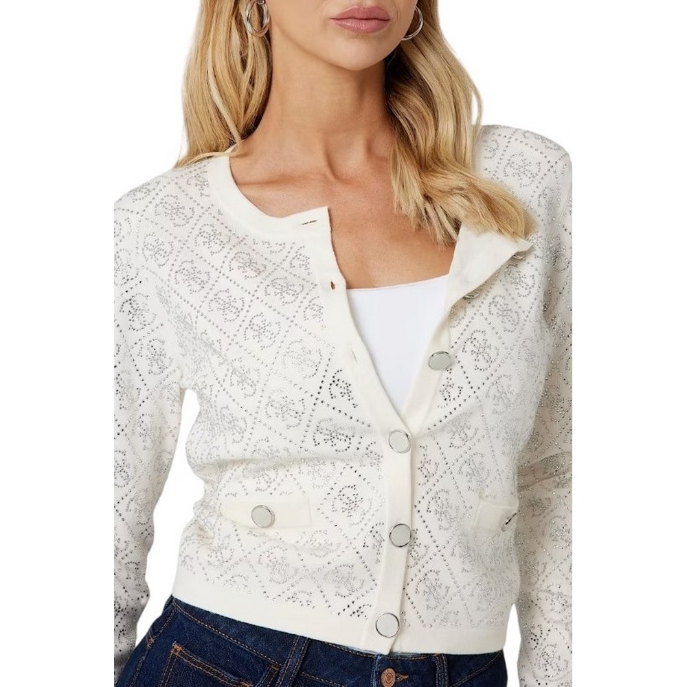 GUESS PAIGE 4G STONES LS CARDI SWTR ΖΑΚΕΤΑ ΓΥΝΑΙΚΕΙΑ WHITE