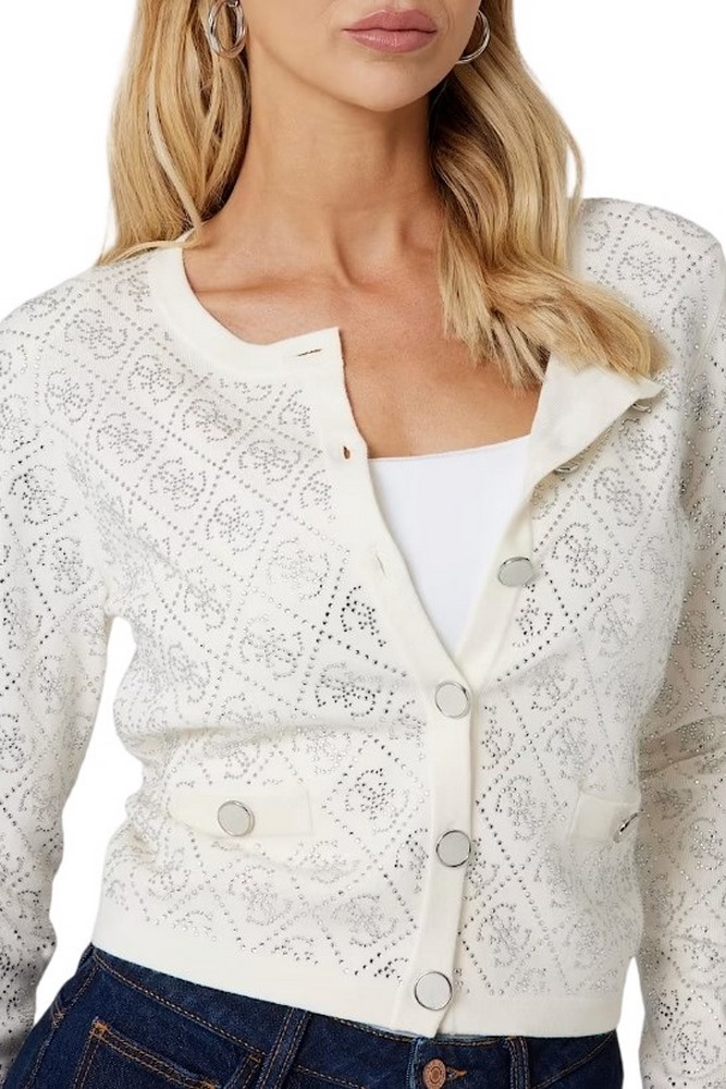 GUESS PAIGE 4G STONES LS CARDI SWTR ΖΑΚΕΤΑ ΓΥΝΑΙΚΕΙΑ WHITE