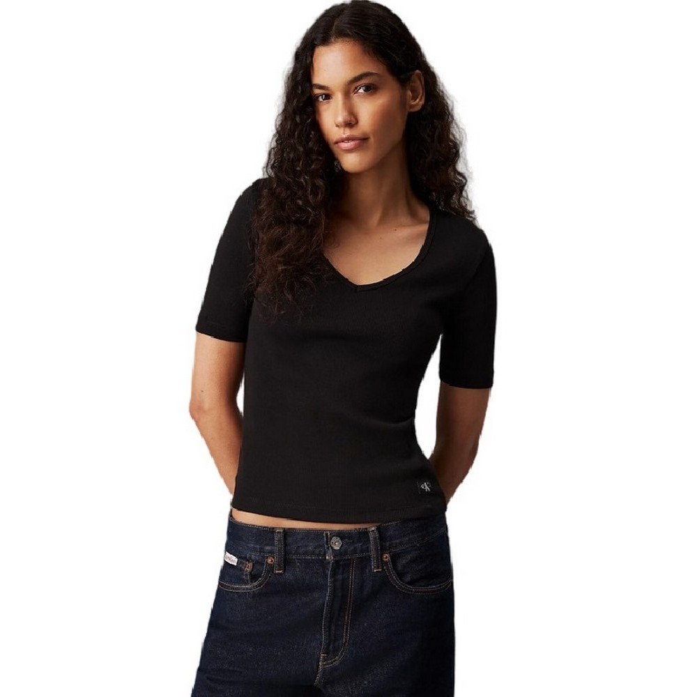 CALVIN KLEIN JEANS WOVEN LABEL RIB V-NECK TEE T-SHIRT ΜΠΛΟΥΖΑ ΓΥΝΑΙΚΕΙΑ BLACK