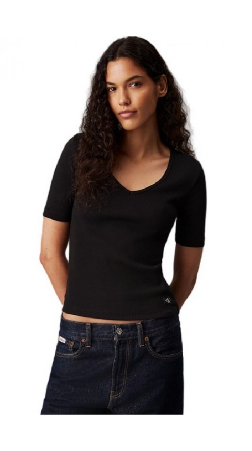 CALVIN KLEIN JEANS WOVEN LABEL RIB V-NECK TEE T-SHIRT ΜΠΛΟΥΖΑ ΓΥΝΑΙΚΕΙΑ BLACK