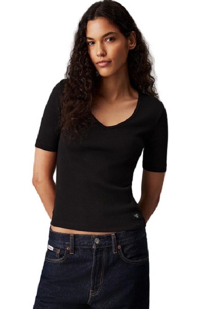 CALVIN KLEIN JEANS WOVEN LABEL RIB V-NECK TEE T-SHIRT ΜΠΛΟΥΖΑ ΓΥΝΑΙΚΕΙΑ BLACK