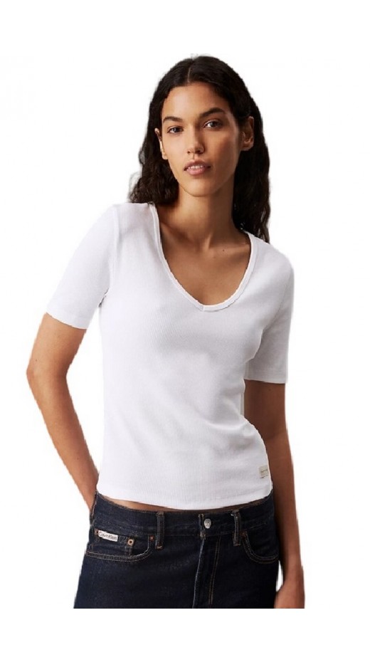 CALVIN KLEIN JEANS WOVEN LABEL RIB V-NECK TEE T-SHIRT ΜΠΛΟΥΖΑ ΓΥΝΑΙΚΕΙΑ BRIGHT WHITE