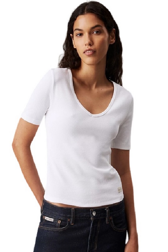 CALVIN KLEIN JEANS WOVEN LABEL RIB V-NECK TEE T-SHIRT ΜΠΛΟΥΖΑ ΓΥΝΑΙΚΕΙΑ BRIGHT WHITE