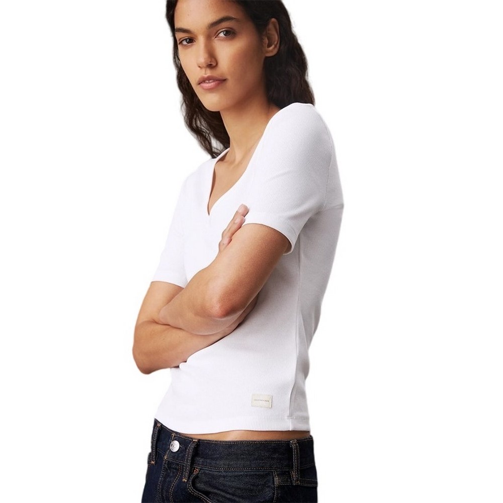 CALVIN KLEIN JEANS WOVEN LABEL RIB V-NECK TEE T-SHIRT ΜΠΛΟΥΖΑ ΓΥΝΑΙΚΕΙΑ BRIGHT WHITE