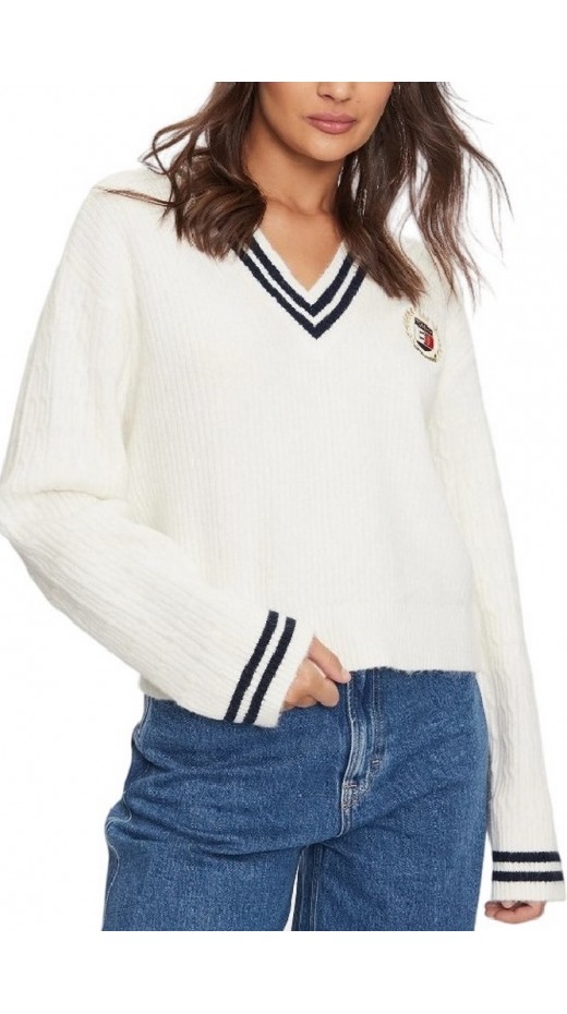 TOMMY JEANS  VNCK CREST CABLE SWEATER EXT ΜΠΛΟΥΖΑ ΠΛΕΚΤΗ ΓΥΝΑΙΚΕΙΑ WHITE