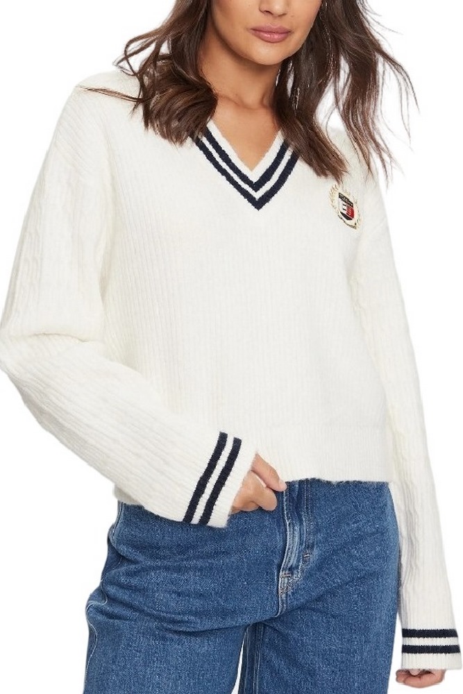 TOMMY JEANS  VNCK CREST CABLE SWEATER EXT ΜΠΛΟΥΖΑ ΠΛΕΚΤΗ ΓΥΝΑΙΚΕΙΑ WHITE