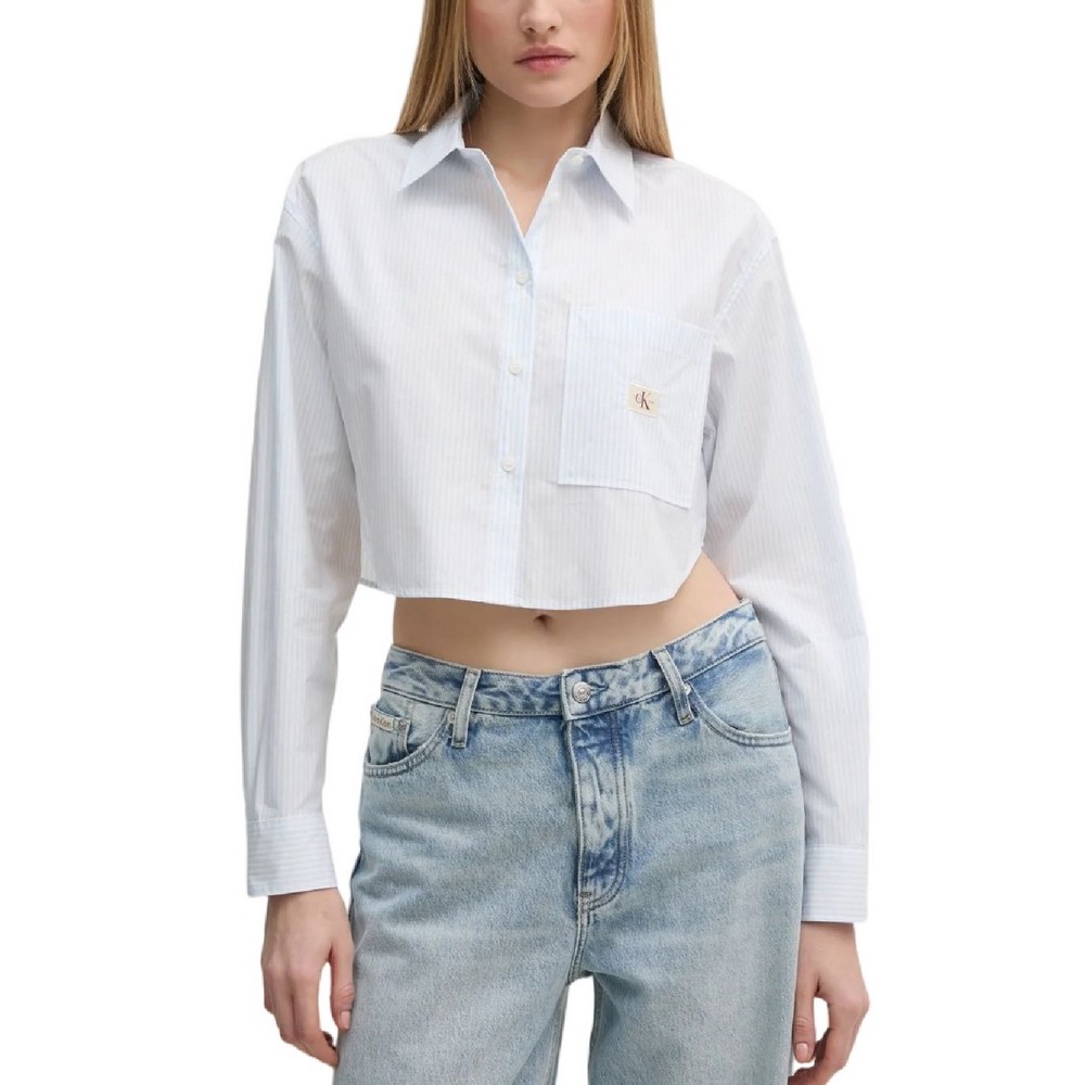 CALVIN KLEIN JEANS WOVEN LABEL CROPPED SHIRT ΠΟΥΚΑΜΙΣΟ ΓΥΝΑΙΚΕΙΟ WHITE/BLUE