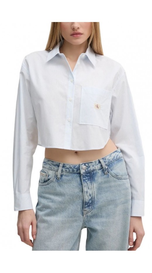 CALVIN KLEIN JEANS WOVEN LABEL CROPPED SHIRT ΠΟΥΚΑΜΙΣΟ ΓΥΝΑΙΚΕΙΟ WHITE/BLUE