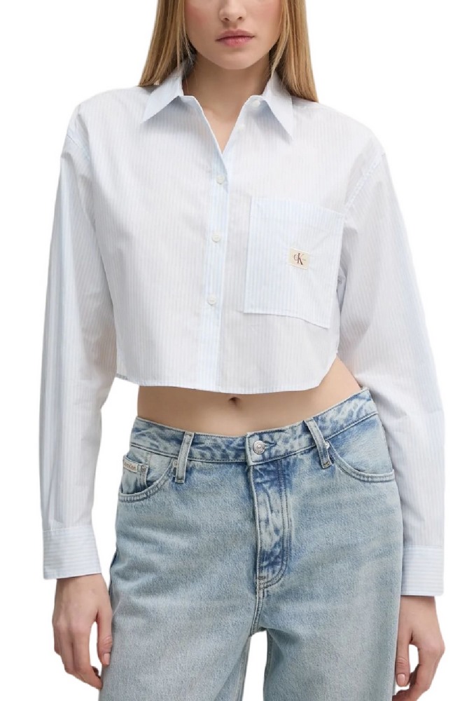 CALVIN KLEIN JEANS WOVEN LABEL CROPPED SHIRT ΠΟΥΚΑΜΙΣΟ ΓΥΝΑΙΚΕΙΟ WHITE/BLUE