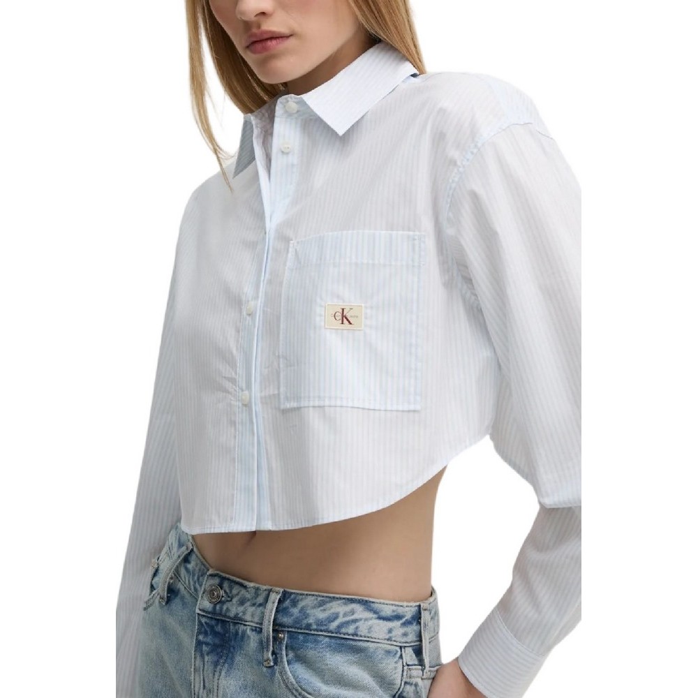 CALVIN KLEIN JEANS WOVEN LABEL CROPPED SHIRT ΠΟΥΚΑΜΙΣΟ ΓΥΝΑΙΚΕΙΟ WHITE/BLUE