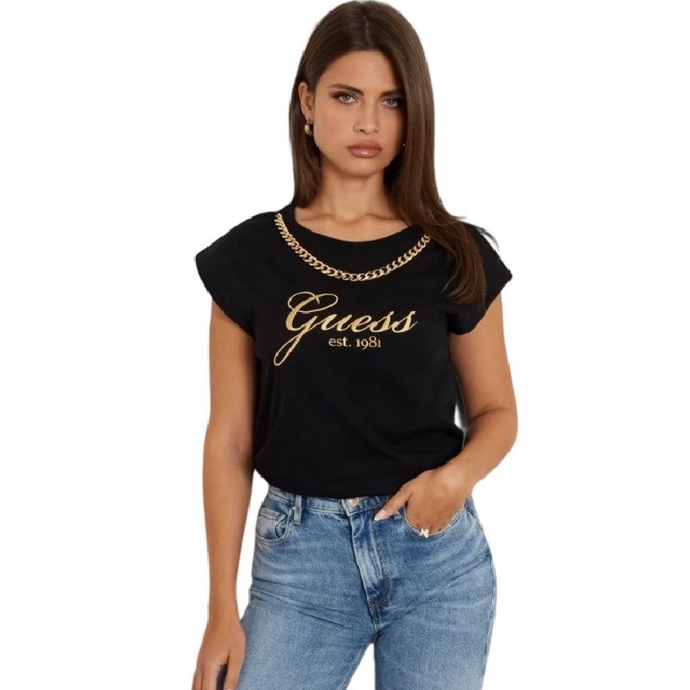 GUESS CN CRYSTAL LOGO TEE T-SHIRT ΜΠΛΟΥΖΑ ΓΥΝΑΙΚΕΙΑ BLACK