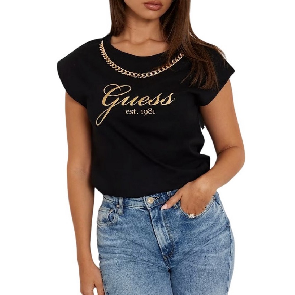 GUESS CN CRYSTAL LOGO TEE T-SHIRT ΜΠΛΟΥΖΑ ΓΥΝΑΙΚΕΙΑ BLACK