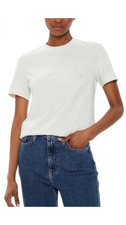 CALVIN KLEIN JEANS SATIN APPLIQUE REGULAR T-SHIRT ΜΠΛΟΥΖΑ ΓΥΝΑΙΚΕΙΑ IVORY