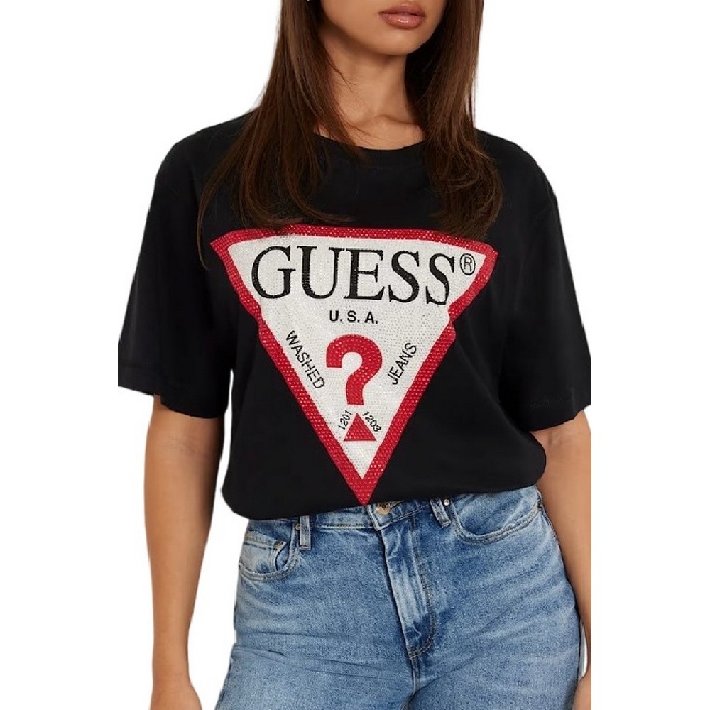 GUESS CN SHINY TRIANGLE TEE T-SHIRT ΜΠΛΟΥΖΑ ΓΥΝΑΙΚΕΙΑ BLACK