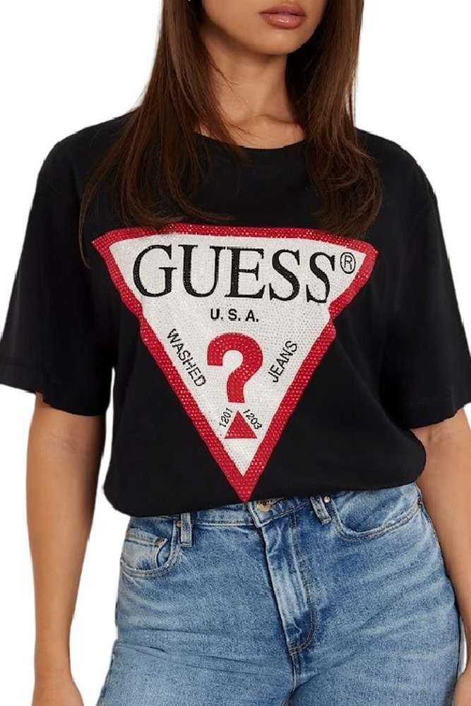 GUESS CN SHINY TRIANGLE TEE T-SHIRT ΜΠΛΟΥΖΑ ΓΥΝΑΙΚΕΙΑ BLACK