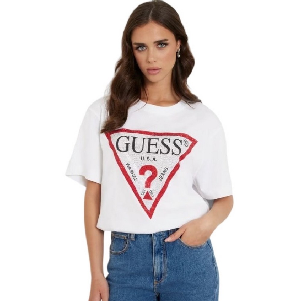 GUESS CN SHINY TRIANGLE TEE T-SHIRT ΜΠΛΟΥΖΑ ΓΥΝΑΙΚΕΙΑ WHITE