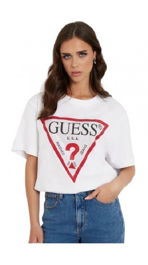 GUESS CN SHINY TRIANGLE TEE T-SHIRT ΜΠΛΟΥΖΑ ΓΥΝΑΙΚΕΙΑ WHITE