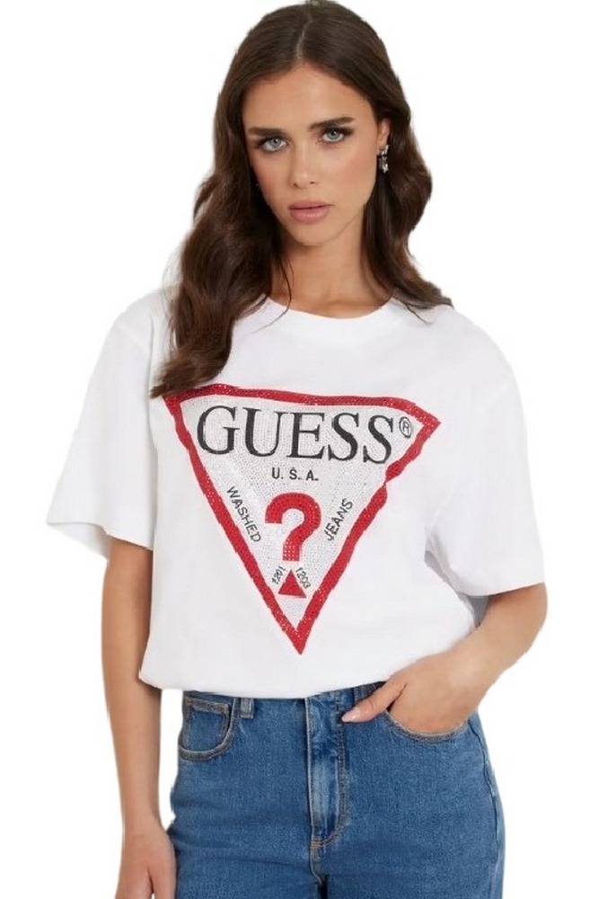 GUESS CN SHINY TRIANGLE TEE T-SHIRT ΜΠΛΟΥΖΑ ΓΥΝΑΙΚΕΙΑ WHITE