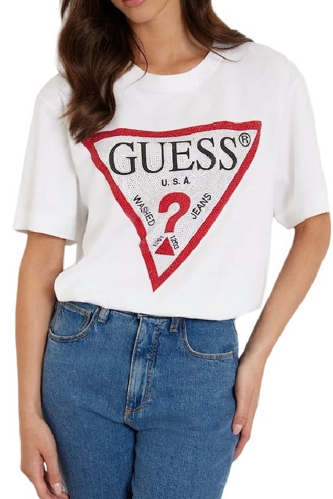 GUESS CN SHINY TRIANGLE TEE T-SHIRT ΜΠΛΟΥΖΑ ΓΥΝΑΙΚΕΙΑ WHITE