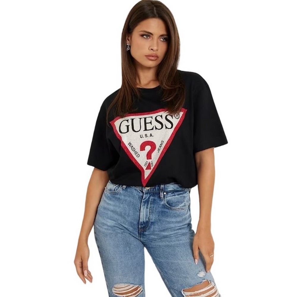 GUESS CN SHINY TRIANGLE TEE T-SHIRT ΜΠΛΟΥΖΑ ΓΥΝΑΙΚΕΙΑ BLACK