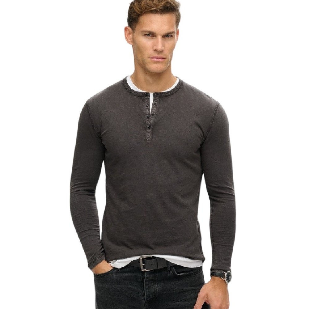 SUPERDRY D2 MRCH SLUB LS JERSEY GRANDAD TOP ΜΠΛΟΥΖΑ ΑΝΔΡΙΚΗ WASHED BLACK