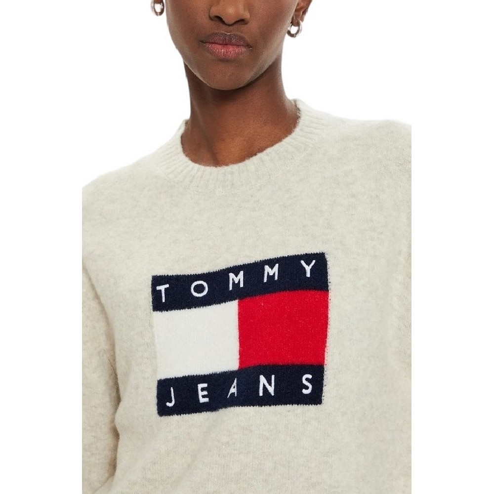 TOMMY JEANS MELANGE FLAG SWEATER EXT ΠΛΕΚΤΗ ΜΠΛΟΥΖΑ ΓΥΝΑΙΚΕΙΑ BEIGE