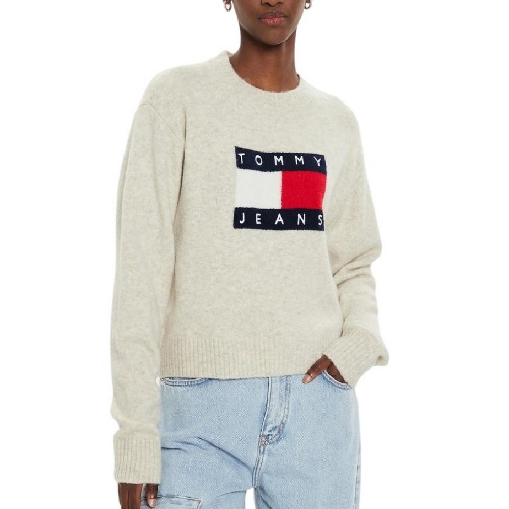 TOMMY JEANS MELANGE FLAG SWEATER EXT ΠΛΕΚΤΗ ΜΠΛΟΥΖΑ ΓΥΝΑΙΚΕΙΑ BEIGE