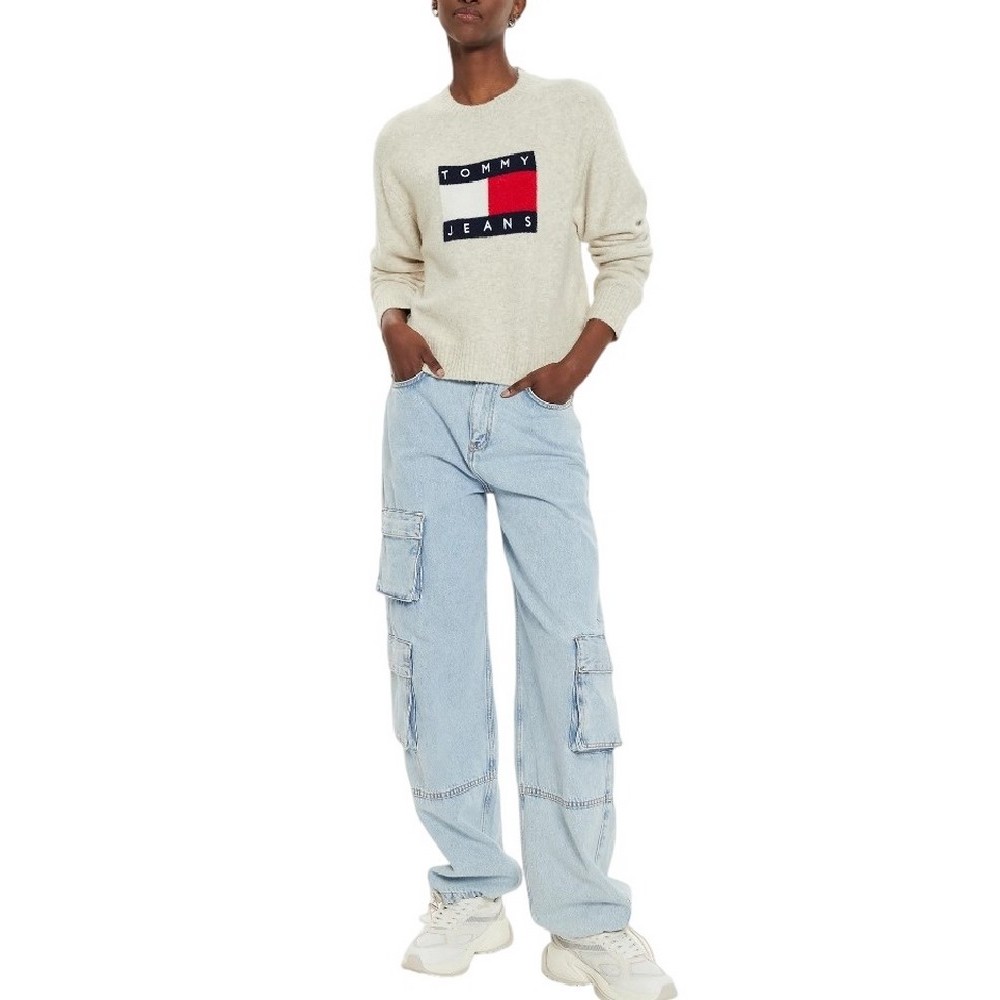 TOMMY JEANS MELANGE FLAG SWEATER EXT ΠΛΕΚΤΗ ΜΠΛΟΥΖΑ ΓΥΝΑΙΚΕΙΑ BEIGE