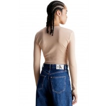 CALVIN KLEIN JEANS SPLIT COLLAR RIB LONG SLEEVE ΜΠΛΟΥΖΑ ΓΥΝΑΙΚΕΙΑ BEIGE