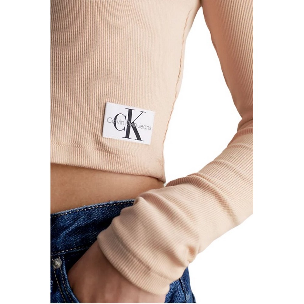 CALVIN KLEIN JEANS SPLIT COLLAR RIB LONG SLEEVE ΜΠΛΟΥΖΑ ΓΥΝΑΙΚΕΙΑ BEIGE