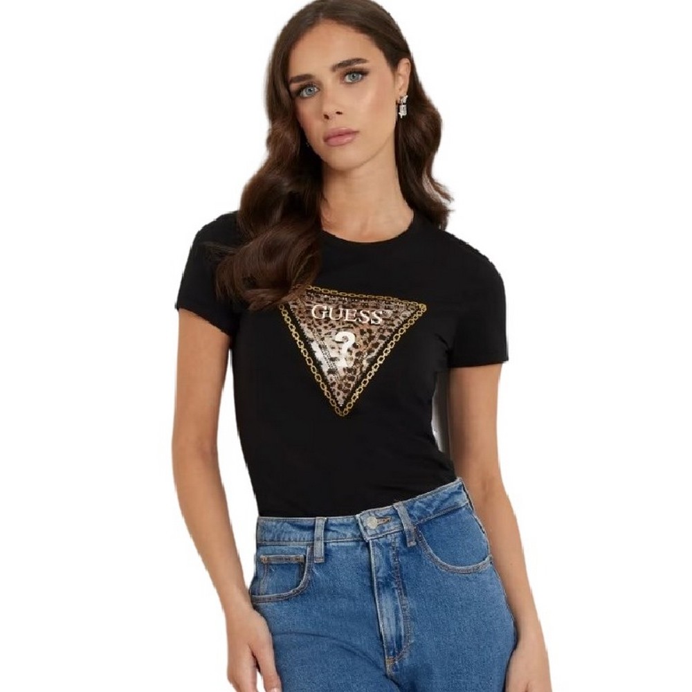 GUESS CN TRIANGLE LEO TEE T-SHIRT ΜΠΛΟΥΖΑ ΓΥΝΑΙΚΕΙΑ BLACK