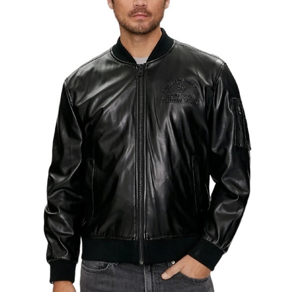 GUESS DISTRICT FAUX LEATHER BOMBER ΜΠΟΥΦΑΝ ΑΝΔΡΙΚΟ BLACK