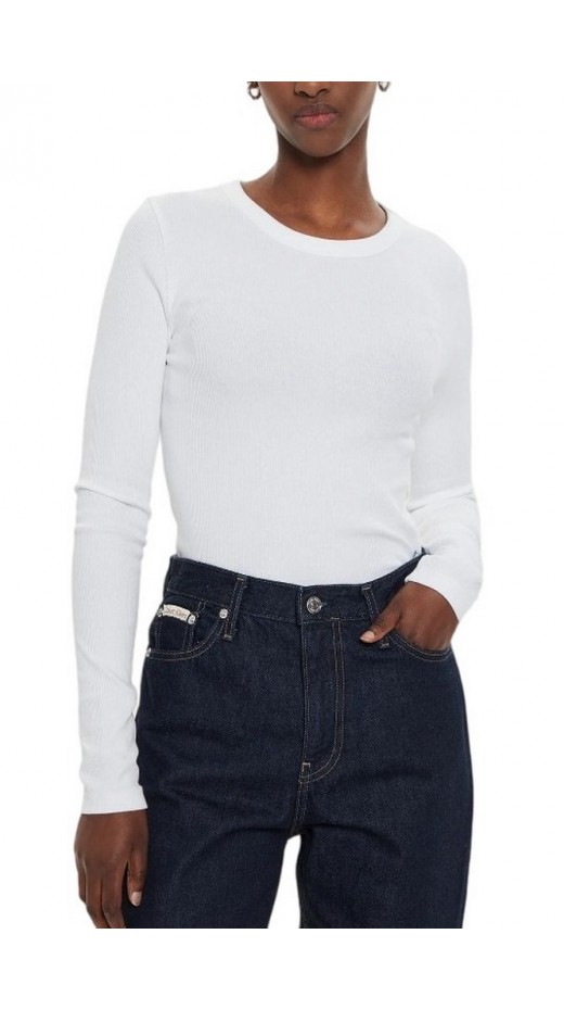 CALVIN KLEIN JEANS WOVEN LABEL RIB LONG SLEEVE ΜΠΛΟΥΖΑ ΓΥΝΑΙΚΕΙΑ BRIGHT WHITE