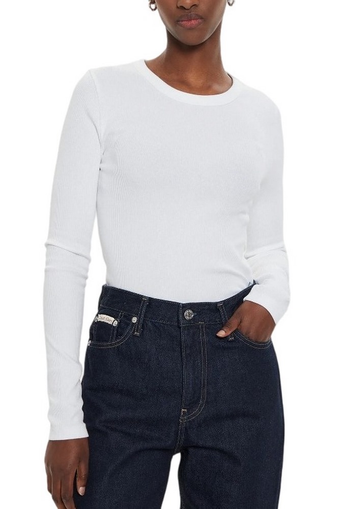 CALVIN KLEIN JEANS WOVEN LABEL RIB LONG SLEEVE ΜΠΛΟΥΖΑ ΓΥΝΑΙΚΕΙΑ BRIGHT WHITE