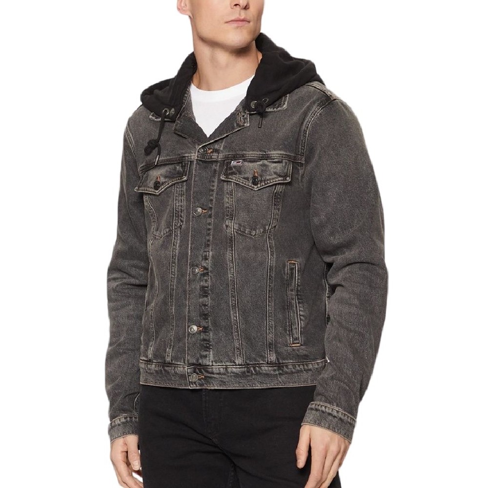 CALVIN KLEIN JEANS HOODED RYAN RGL TRCKR JKT ΜΠΟΥΦΑΝ ΑΝΔΡΙΚΟ BLACK DENIM