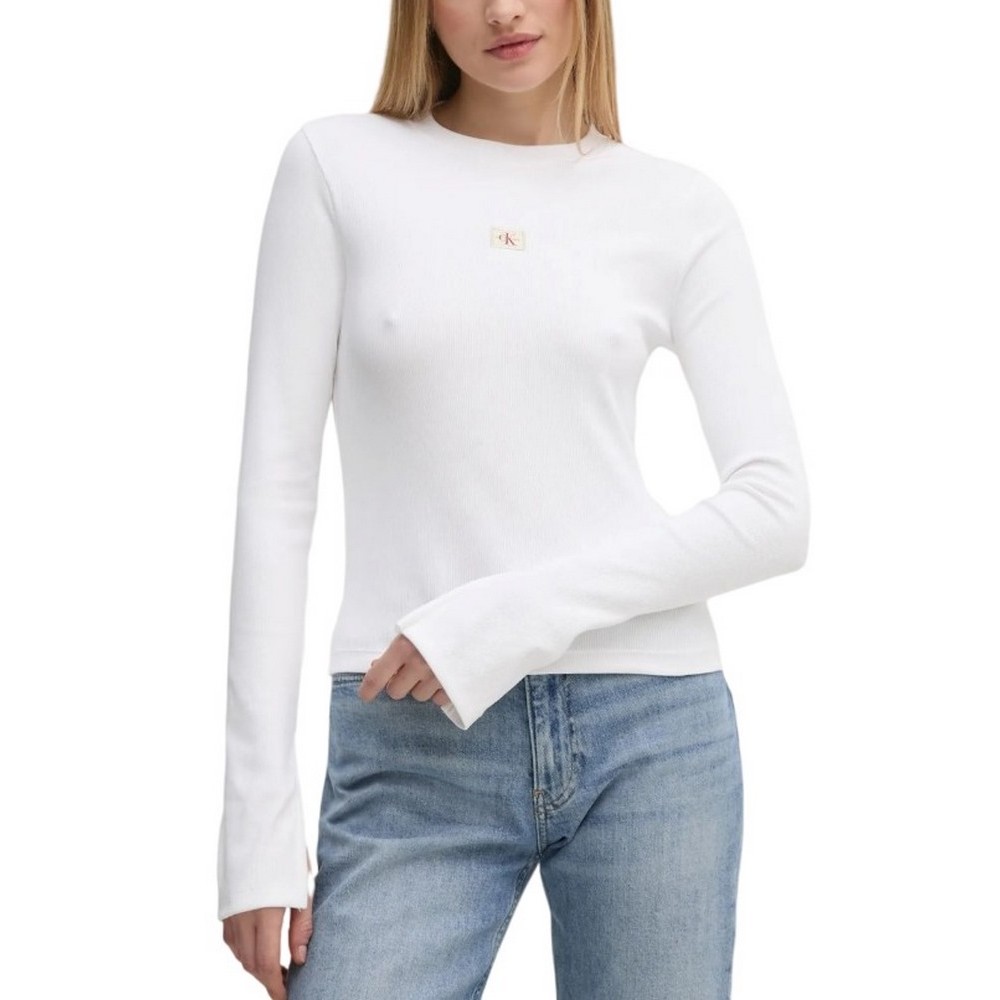 CALVIN KLEIN JEANS WOVEN LABEL RIB LS TOP ΜΠΛΟΥΖΑ ΓΥΝΑΙΚΕΙΑ BRIGHT WHITE