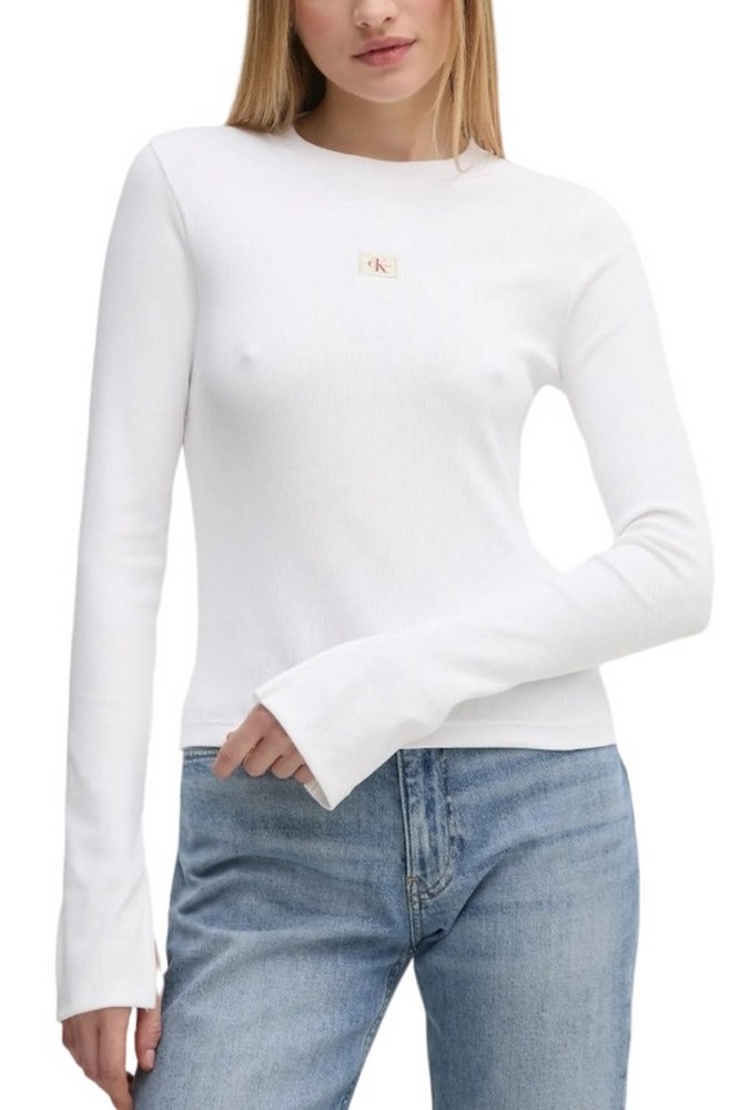 CALVIN KLEIN JEANS WOVEN LABEL RIB LS TOP ΜΠΛΟΥΖΑ ΓΥΝΑΙΚΕΙΑ BRIGHT WHITE