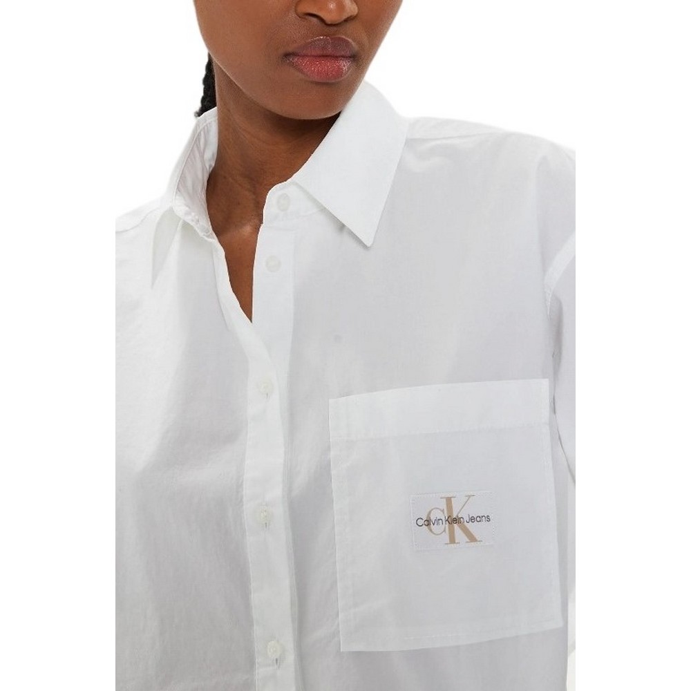 CALVIN KLEIN JEANS WOVEN LABEL CROPPED SHIRT ΠΟΥΚΑΜΙΣΟ ΓΥΝΑΙΚΕΙΟ BRIGHT WHITE