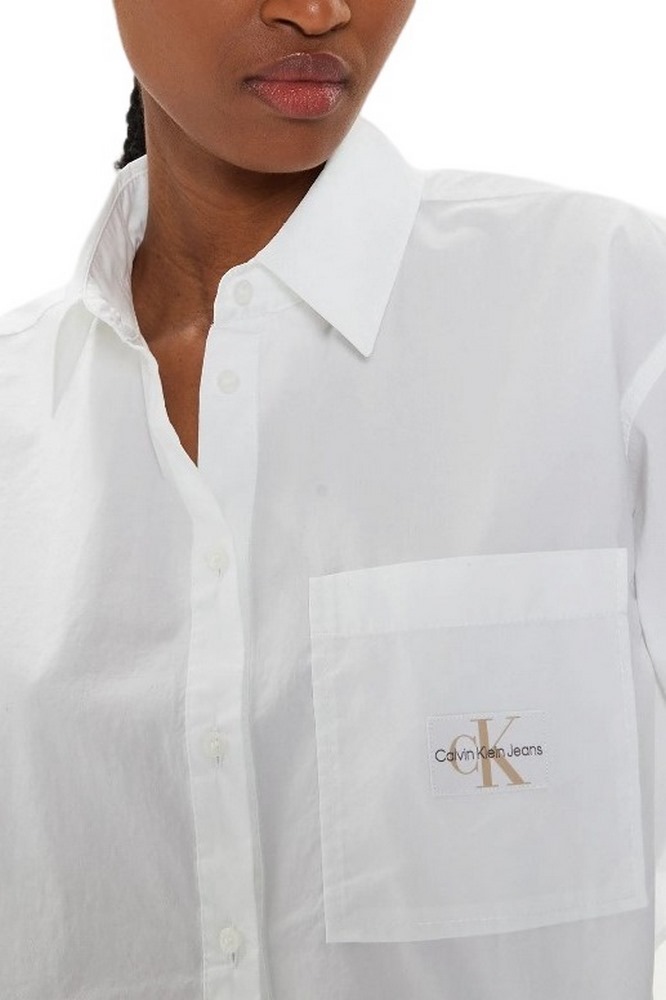 CALVIN KLEIN JEANS WOVEN LABEL CROPPED SHIRT ΠΟΥΚΑΜΙΣΟ ΓΥΝΑΙΚΕΙΟ BRIGHT WHITE