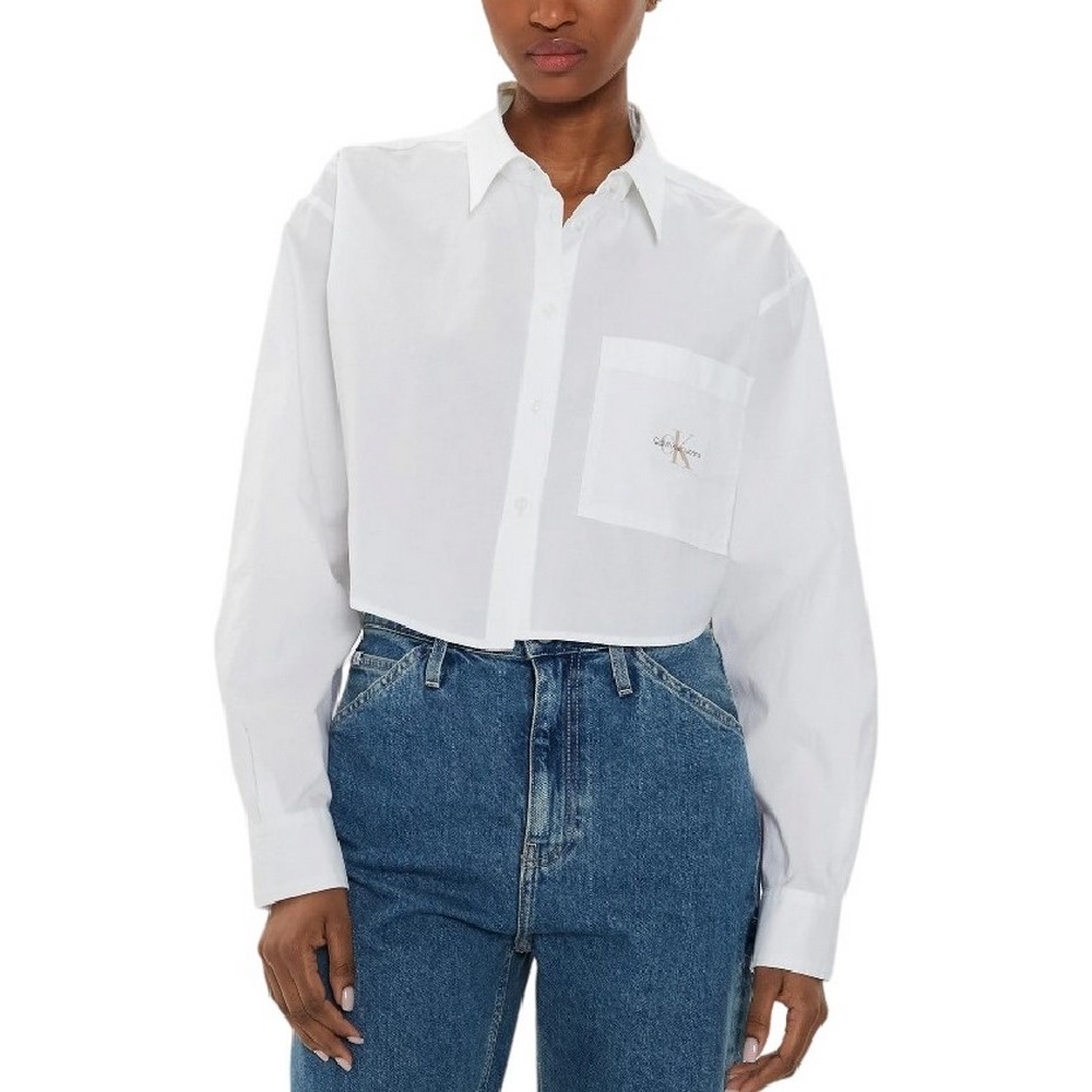 CALVIN KLEIN JEANS WOVEN LABEL CROPPED SHIRT ΠΟΥΚΑΜΙΣΟ ΓΥΝΑΙΚΕΙΟ BRIGHT WHITE