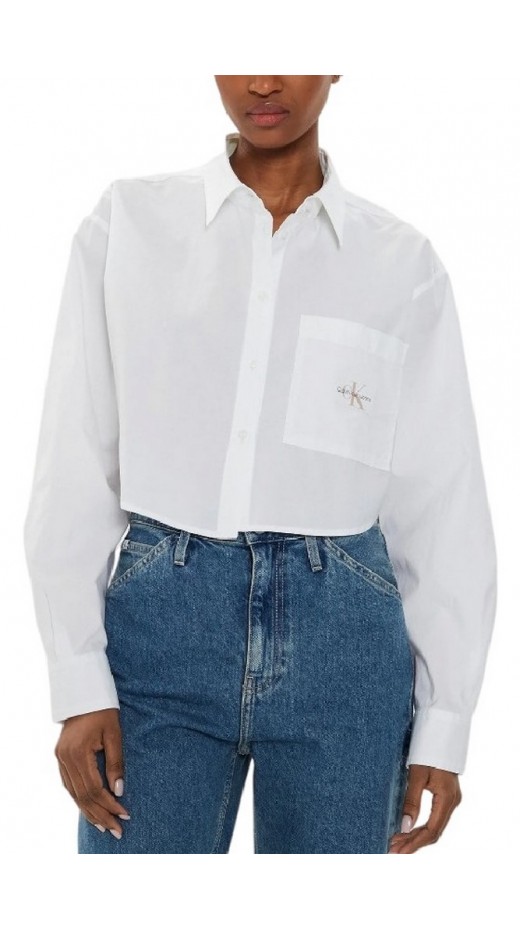 CALVIN KLEIN JEANS WOVEN LABEL CROPPED SHIRT ΠΟΥΚΑΜΙΣΟ ΓΥΝΑΙΚΕΙΟ BRIGHT WHITE