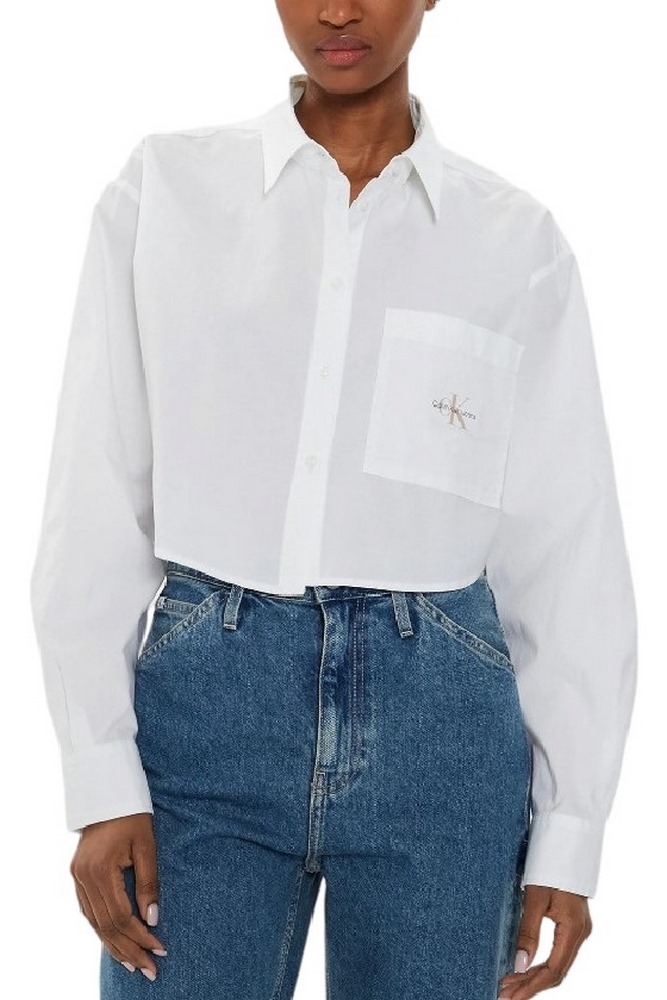 CALVIN KLEIN JEANS WOVEN LABEL CROPPED SHIRT ΠΟΥΚΑΜΙΣΟ ΓΥΝΑΙΚΕΙΟ BRIGHT WHITE