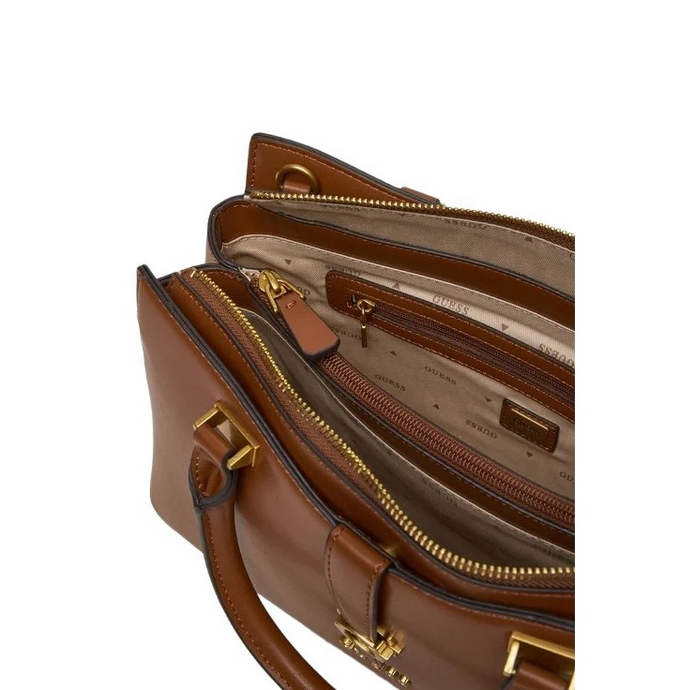 GUESS KUBA TRI COMPARTMENT SATCHEL ΤΣΑΝΤΑ ΓΥΝΑΙΚΕΙΑ COGNAC