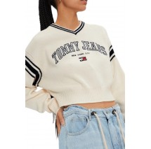 TOMMY JEANS CRP VARSITY V-NECK SWEATER ΜΠΛΟΥΖΑ ΠΛΕΚΤΗ ΓΥΝΑΙΚΕΙΑ WHITE