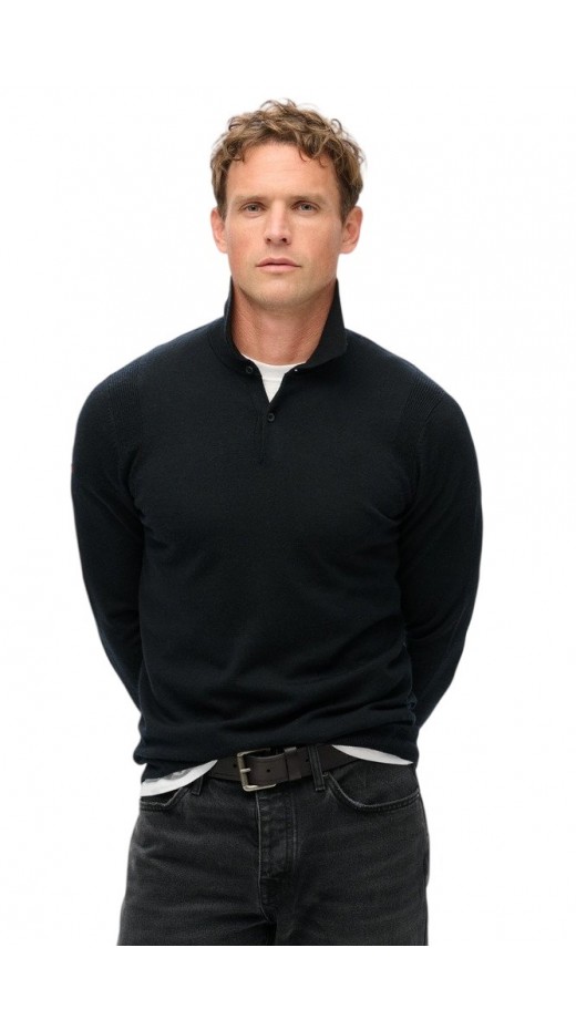 SUPERDRY D3 MRCH MERINO LONG SLEEVE POLO JUMPER ΜΠΛΟΥΖΑ ΠΛΕΚΤΗ ΑΝΔΡΙΚΗ BLACK