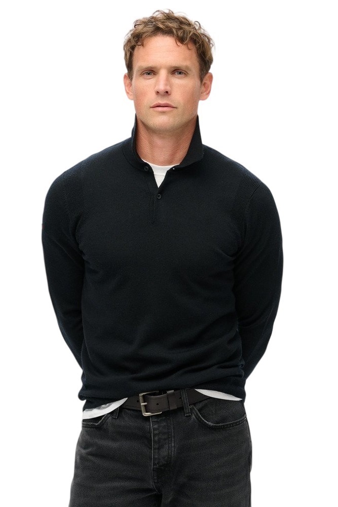 SUPERDRY D3 MRCH MERINO LONG SLEEVE POLO JUMPER ΜΠΛΟΥΖΑ ΠΛΕΚΤΗ ΑΝΔΡΙΚΗ BLACK