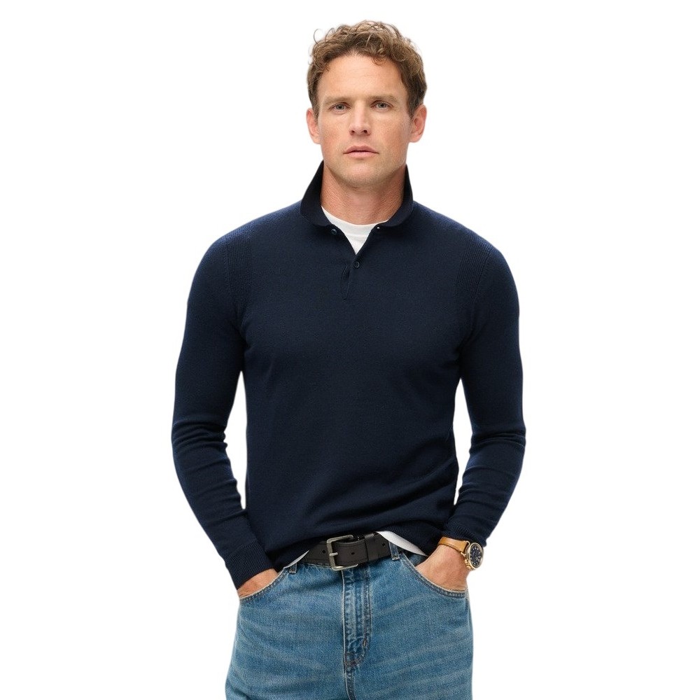 SUPERDRY D3 MRCH MERINO LONG SLEEVE POLO JUMPER ΜΠΛΟΥΖΑ ΠΛΕΚΤΗ ΑΝΔΡΙΚΗ NAVY