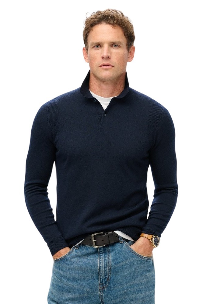 SUPERDRY D3 MRCH MERINO LONG SLEEVE POLO JUMPER ΜΠΛΟΥΖΑ ΠΛΕΚΤΗ ΑΝΔΡΙΚΗ NAVY