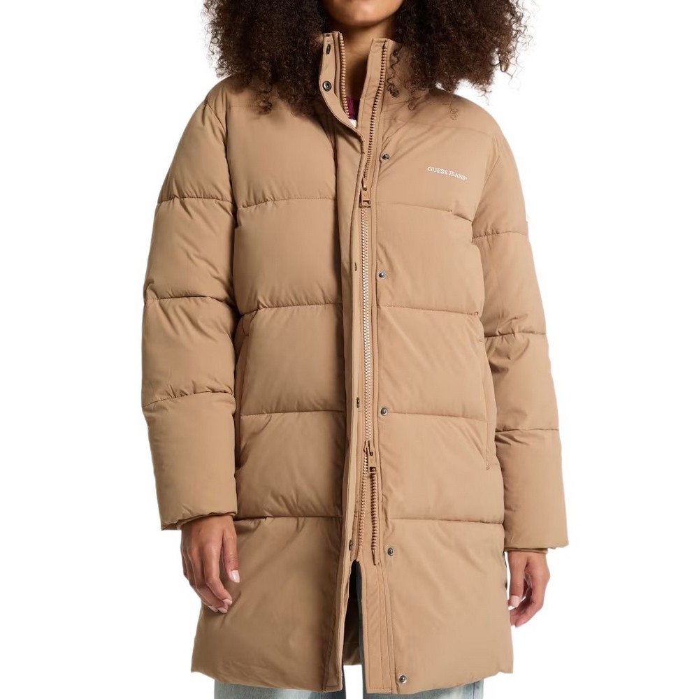 GUESS JEANS MID LENGHT PUFFER JACKET ΜΠΟΥΦΑΝ ΓΥΝΑΙΚΕΙΟ BEIGE