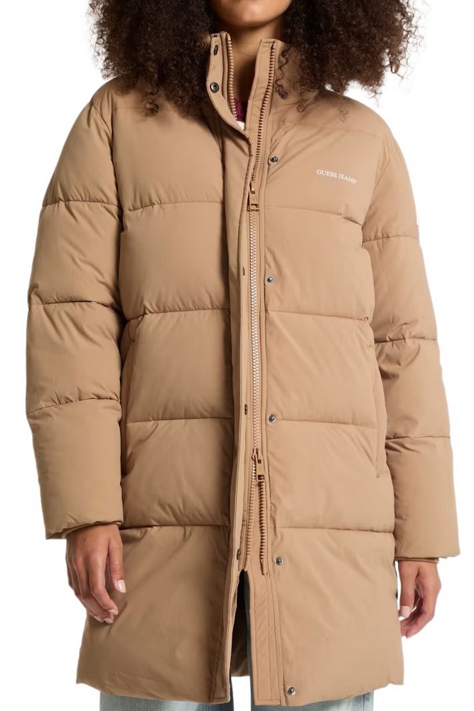 GUESS JEANS MID LENGHT PUFFER JACKET ΜΠΟΥΦΑΝ ΓΥΝΑΙΚΕΙΟ BEIGE